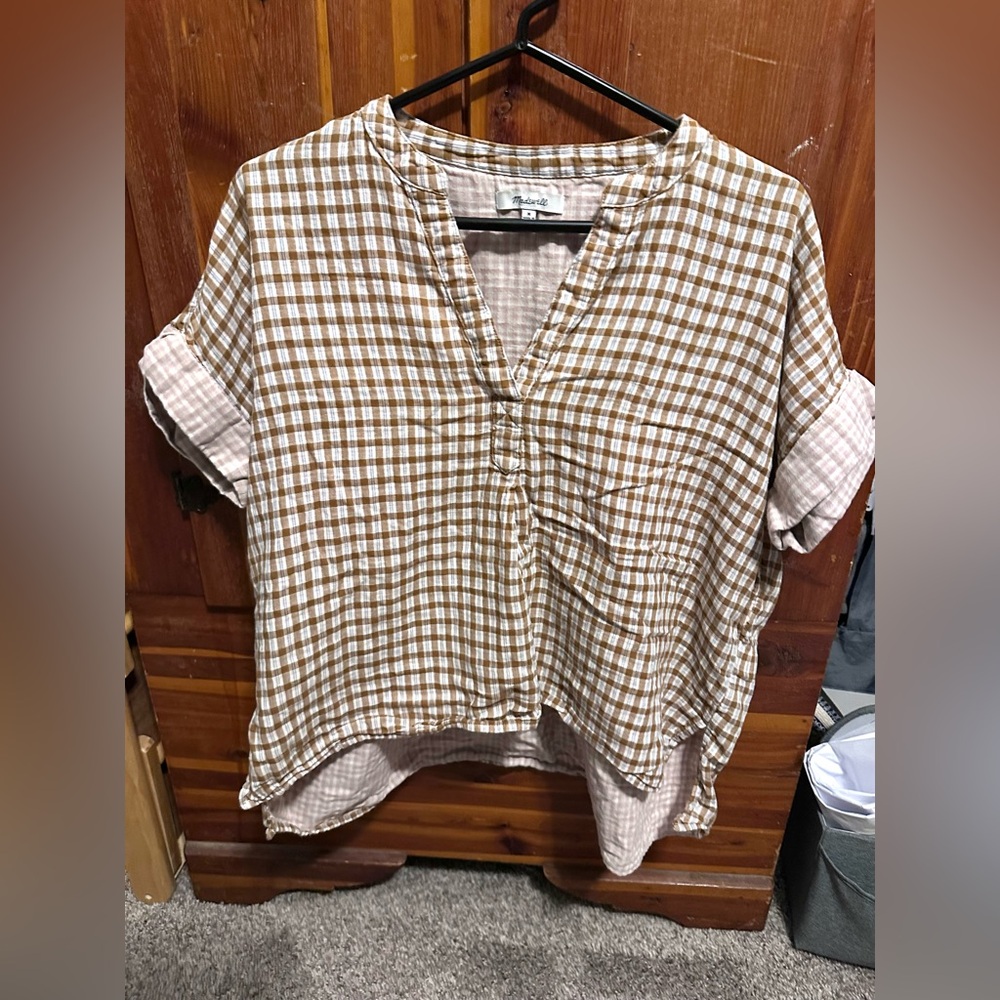 Madewell Brown and White Gingham Short Sleeve Top